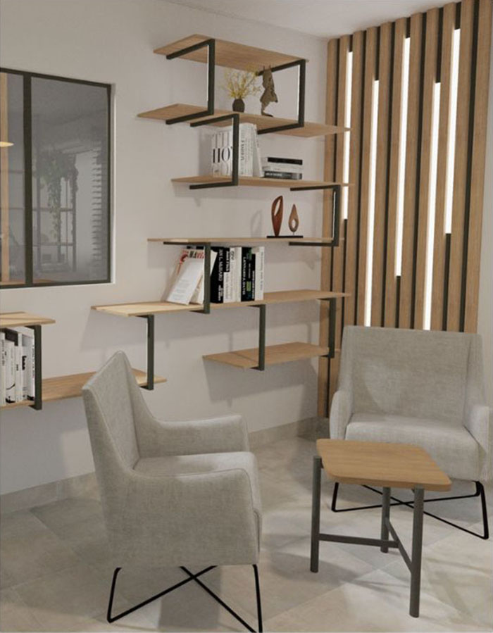 Projection 3D du projet Terriel - à Saint-Christophe-du-Bois - Entrée - Bureau - Salle à manger - Salon - Projet ABL Intérieur