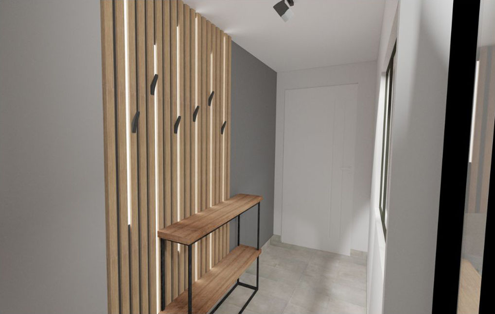 Aménagement d'un coin bureau dans le salon - Entrée 2 - projet Terriel à Saint Christophe du Bois - Projet ABL Intérieur