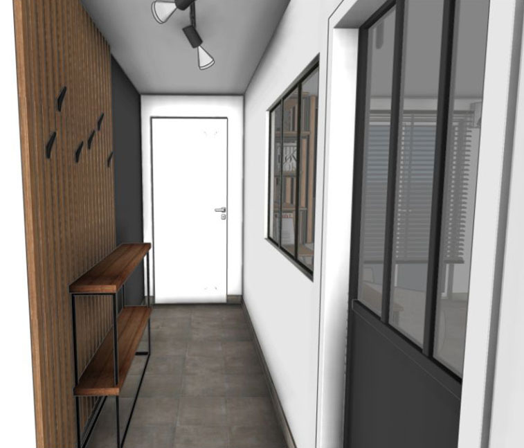 Aménagement d'un coin bureau dans le salon - Entrée 2 porte - projet Terriel à Saint Christophe du Bois - Projet ABL Intérieur