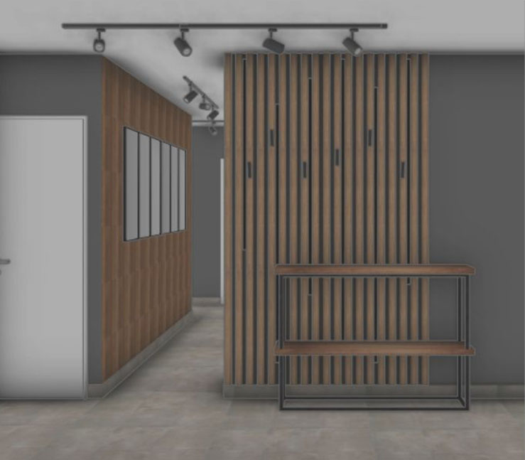 Aménagement d'un coin bureau dans le salon - Entrée 3-1 - projet Terriel à Saint Christophe du Bois - Projet ABL Intérieur