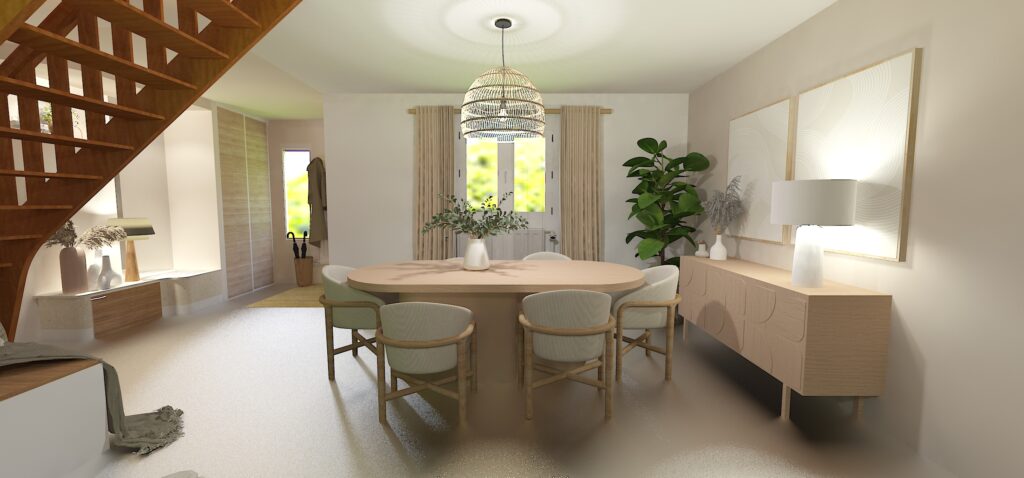 Salle à manger - table et chaises avec buffet éclairé par une lampe - Projet Projection 3D ABL Intérieur à Cholet