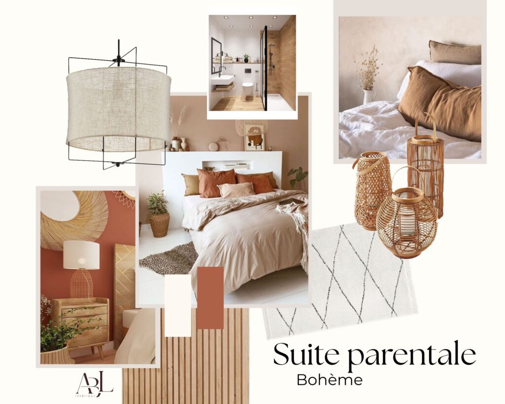 Moodboard du projet de suite parentale bohème à Berchères-la-Maingot, conçu par ABL Intérieur : ambiance chaleureuse avec teintes terracotta, matières naturelles et éléments déco en rotin.