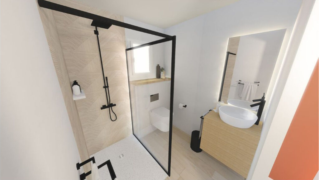 Aménagement de salle de bain moderne avec WC suspendu à Berchères-la-Maingot – ABL Intérieur, décoratrice d'intérieur dans l'Eure-et-Loir.