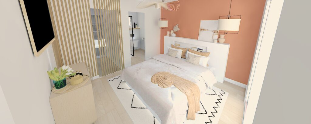 Projet Accompagnement et décoration - Chambre moderne avec mur terracotta, tête de lit blanche, suspension en fibres naturelles et claustra en bois – Projet ABL Intérieur