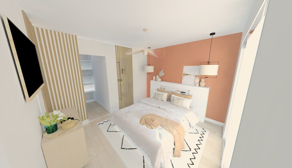 Suite parentale bohème à Berchères-la-Maingot par ABL Intérieur, avec mur terracotta et dressing intégré.