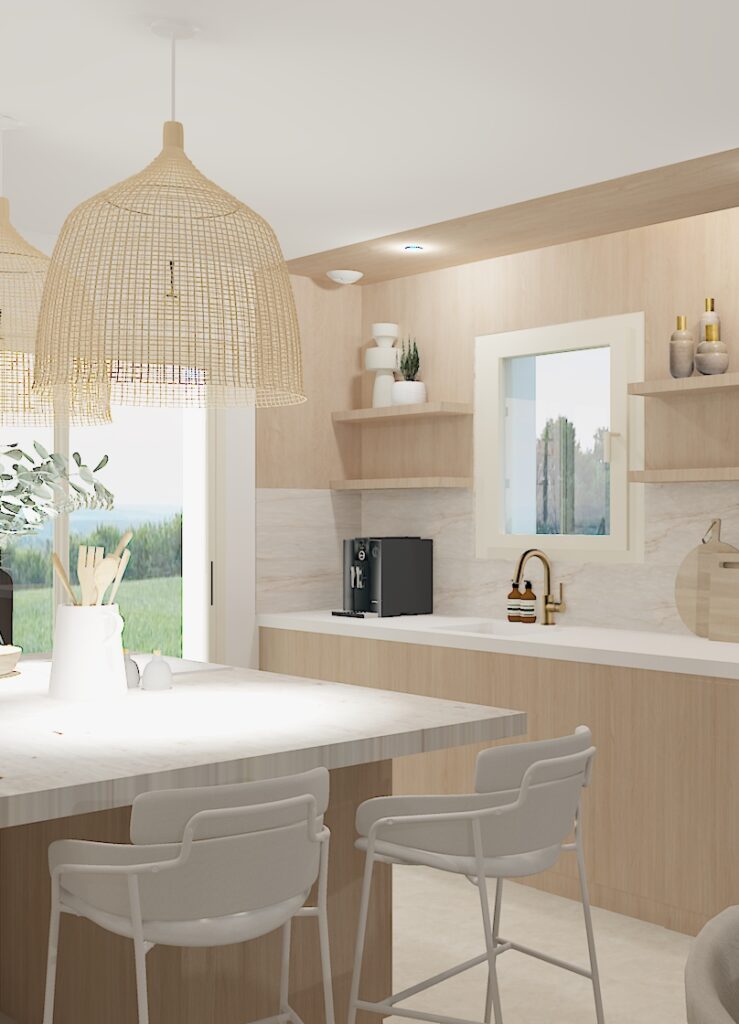 Prestation de Conseils Déco & agencement - Coin cuisine épuré avec crédence et Bar à Cholet
