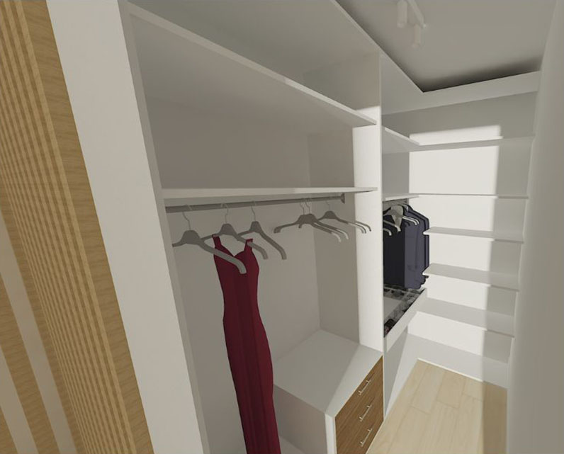 Dressing sur mesure conçu par ABL Intérieur à Berchères-la-Maingot, avec rangements ouverts, penderies et étagères intégrées.