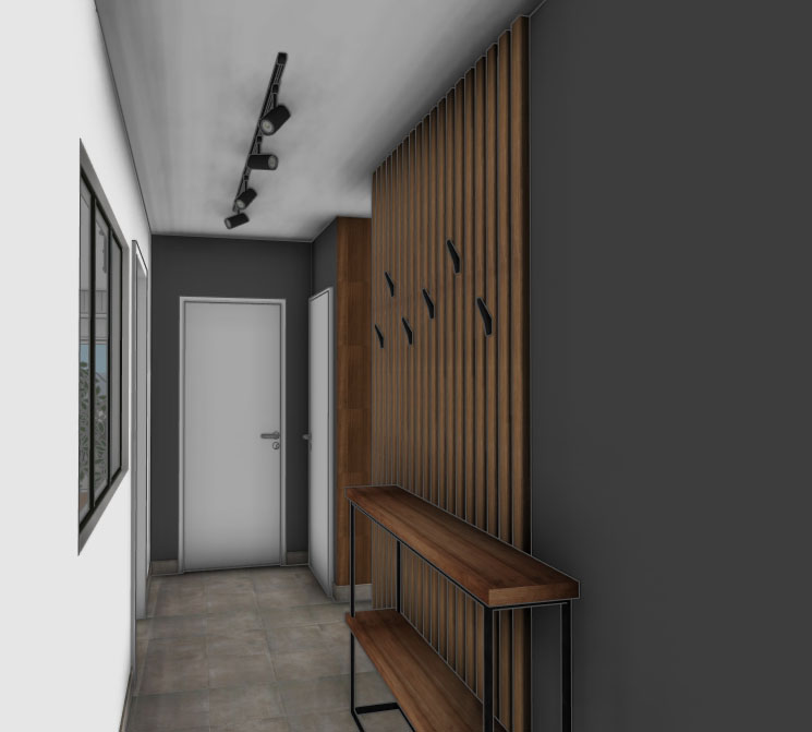 Aménagement d'un coin bureau dans le salon - Entrée porte - projet Terriel à Saint Christophe du Bois - Projet ABL Intérieur
