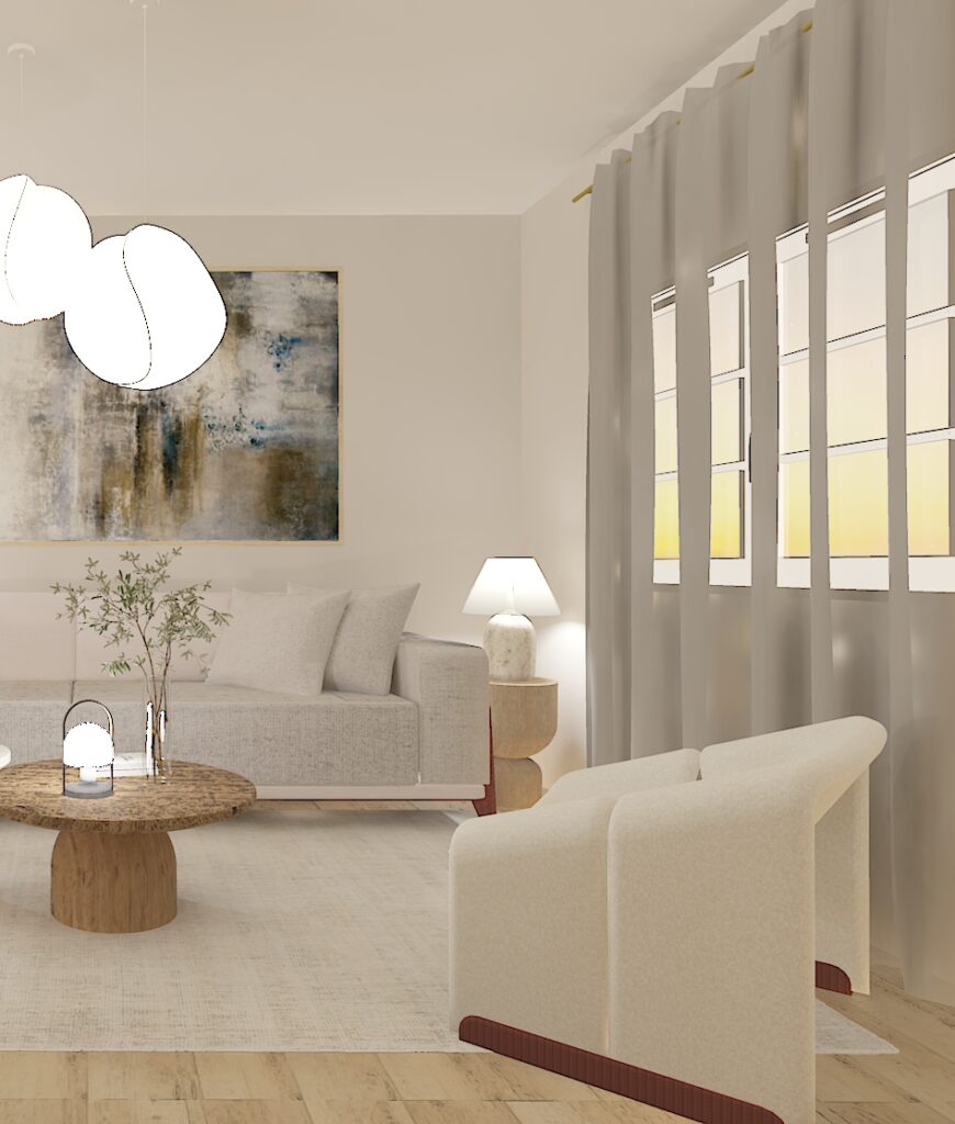 Salon lumineux au style contemporain avec canapé beige, fauteuils design, table basse en bois et rideaux légers gris perle – Projet ABL Intérieur
