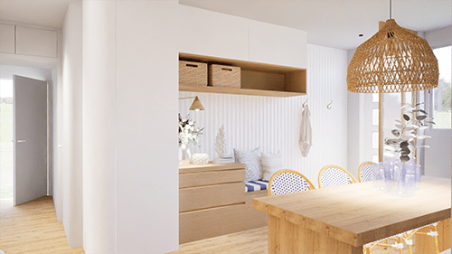 Aménagement d’entrée dans une maison à Cholet par ABL Intérieur avec une banquette sur-mesure en bois clair. Niche en bois clair. Armoire penderie. Style transitionnel mixé avec un style bord de mer.