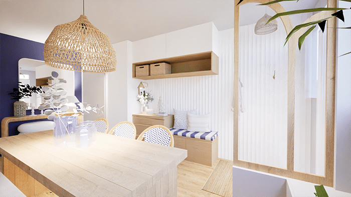 Aménagement d’entrée dans une maison à Cholet par ABL Intérieur avec une banquette sur-mesure en bois clair. Luminaire en fibres naturelles et verrière en bois et en verre. Style transitionnel mixé avec un style bord de mer.