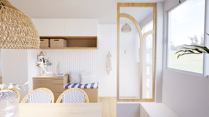 Aménagement d’entrée dans une maison à Cholet par ABL Intérieur avec une banquette sur-mesure en bois clair. Verrière en bois et verre au design arrondi. Style transitionnel mixé avec un style bord de mer.